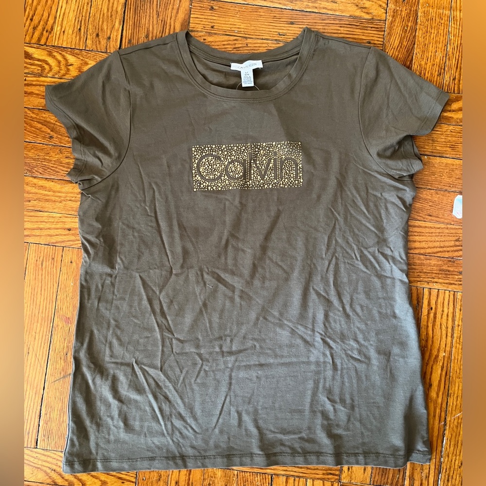 Calvin Klein Olive Green Rhinestone Logo T-Shirt - Size L